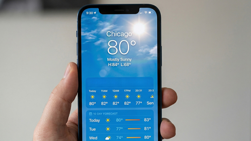 Hand holding a black smartphone showing Chicago weather at 80° with a sunny sky and hourly forecast tiles below.