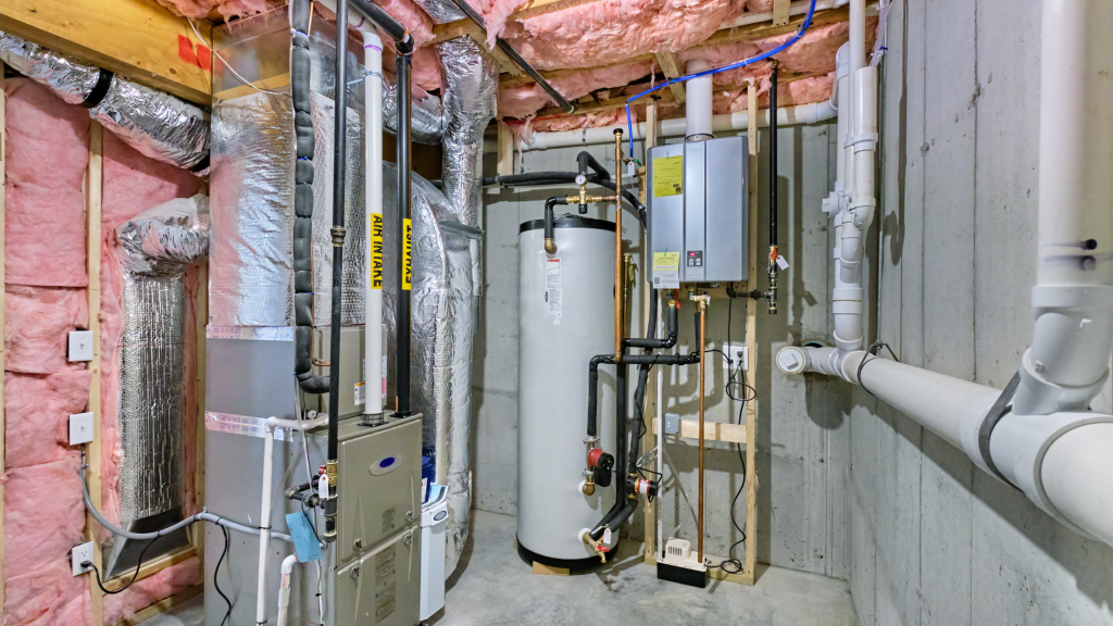 October 2026 | Flader Plumbing Basement utility room with a furnace, water heater, insulated ducts, and pink insulation along exposed framing.